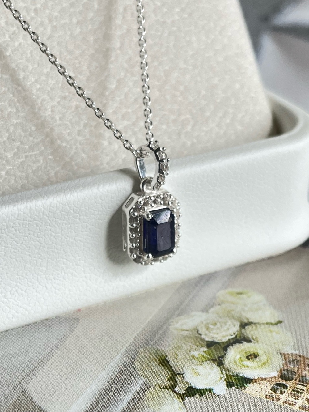Natural Blue Sapphire Halo Pendant necklace in 925 Sterling Silver , September